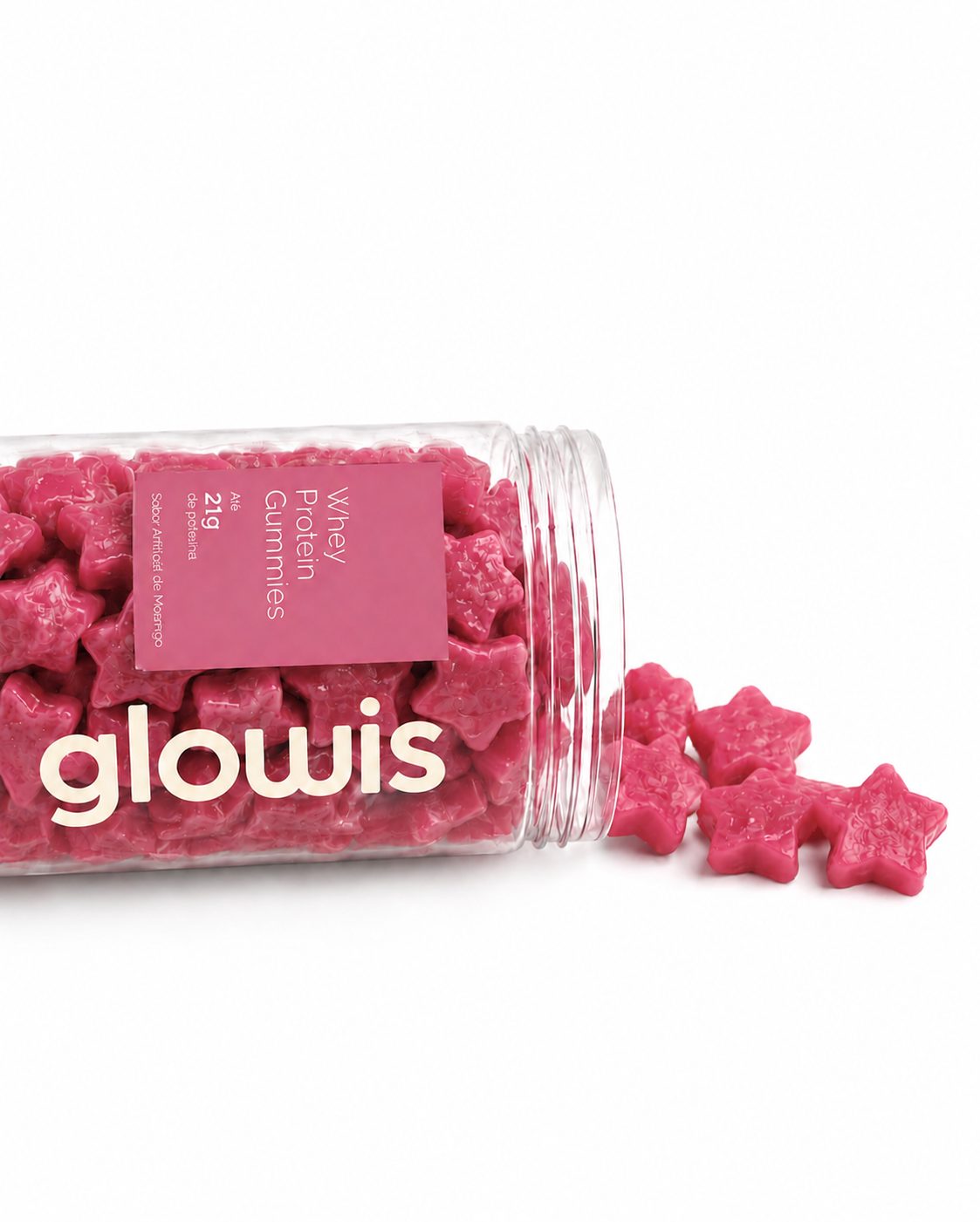 Pote Glowis de gummies sabor morango aberto com gummies em formato de estrela